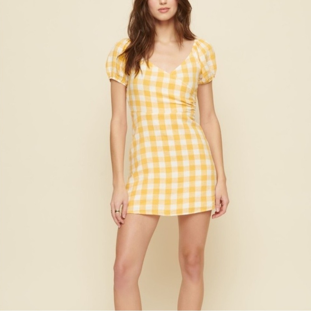 Dynamite Yellow Gingham Puff Sleeve Dress